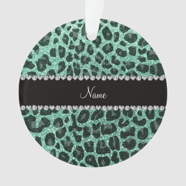 Custom name seafoam green glitter leopard print ornament (Front)