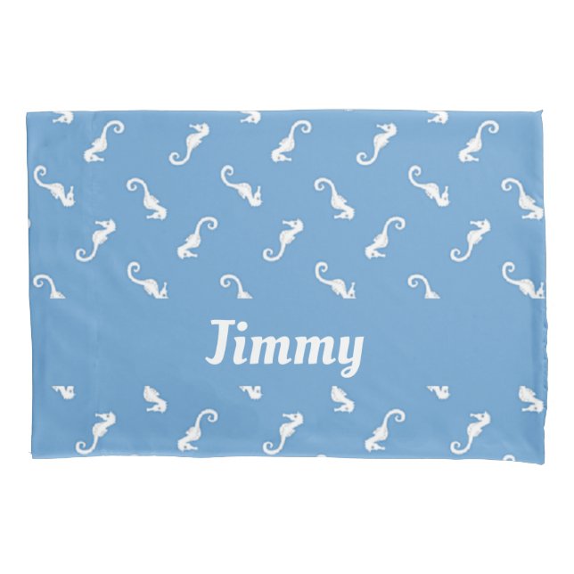 Custom name seahorses on blue pillowcase (Front)