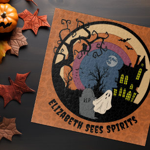 Custom Name Sees Spirits Halloween Faux Papercut Jigsaw Puzzle