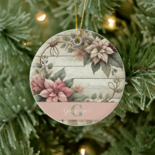 Custom Name Shabby Chic Pastel Poinsettias Garland Ceramic Ornament