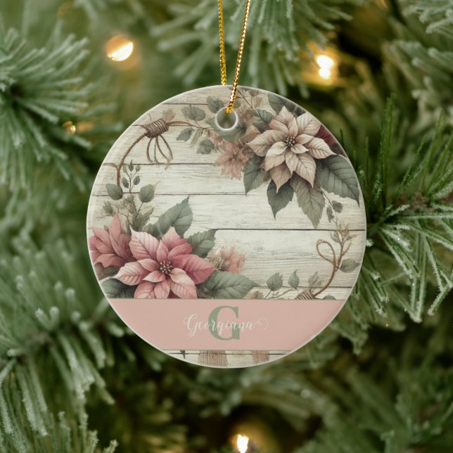 Custom Name Shabby Chic Pastel Poinsettias Garland Ceramic Ornament (Tree)