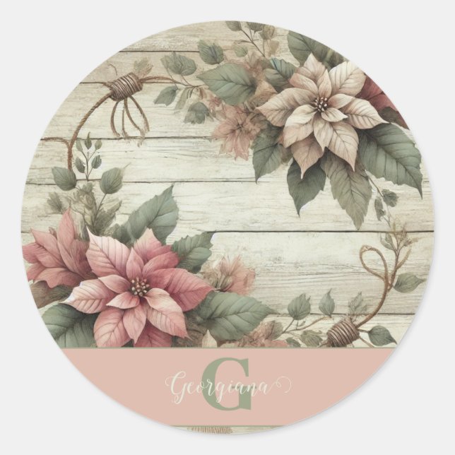 Custom Name Shabby Chic Pastel Poinsettias Garland Classic Round Sticker (Front)