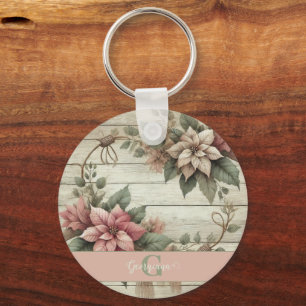 Custom Name Shabby Chic Pastel Poinsettias Garland Key Ring