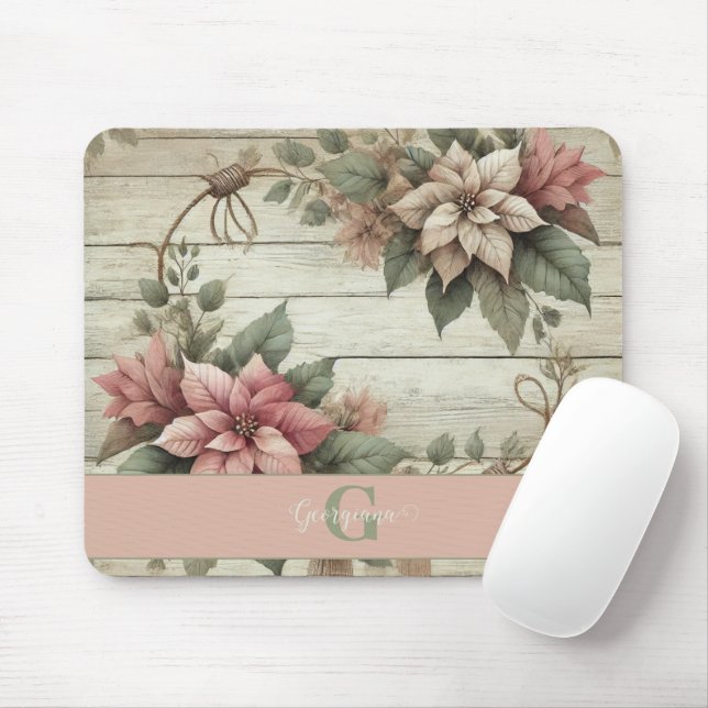 Custom Name Shabby Chic Pastel Poinsettias Garland Mouse Pad (With Mouse)