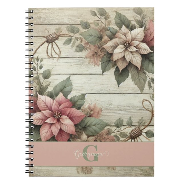 Custom Name Shabby Chic Pastel Poinsettias Garland Notebook (Front)