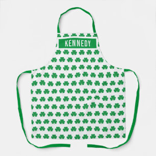 Custom Name Shamrock Clover Pattern Green White Apron