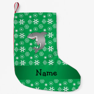 Custom name shark green snowflakes small christmas stocking