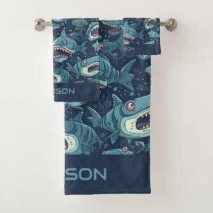 Custom Name Sharks Pattern Bath Towel Set