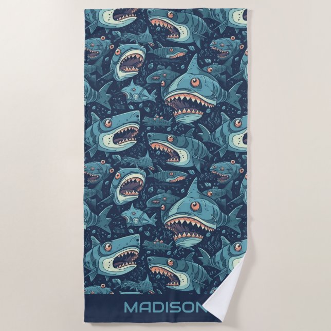 Custom Name Sharks Pattern Beach Towel (Front)