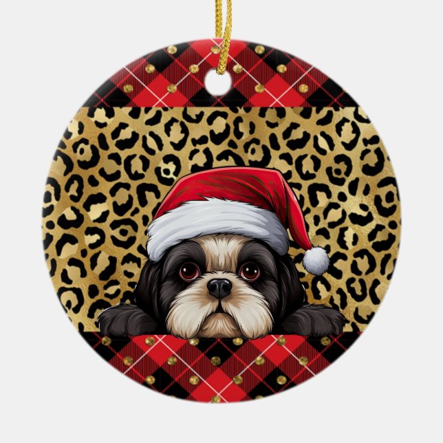 Custom Name Shih Tzu dog Santa hat Buffalo Plaid Ceramic Ornament (Front)