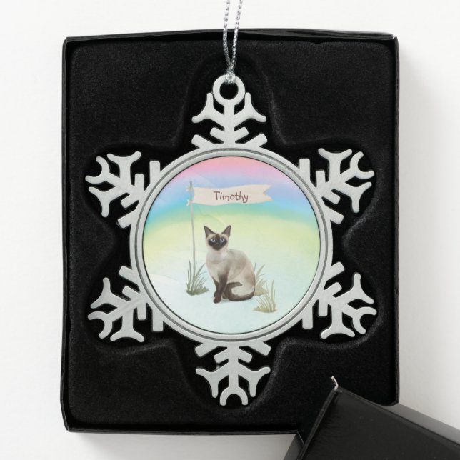 Custom Name Siamese Cat Pet Snowflake Pewter Christmas Ornament (Box)