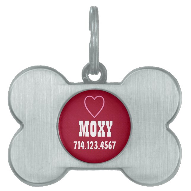 Custom Name Silver Bone Dog Tag RED Heart (Front)
