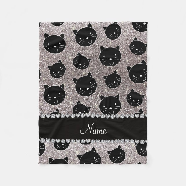 Custom name silver glitter black cat faces fleece blanket (Front)