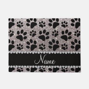 Custom name silver glitter black dog paws doormat