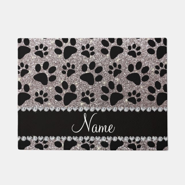 Custom name silver glitter black dog paws doormat (Front)