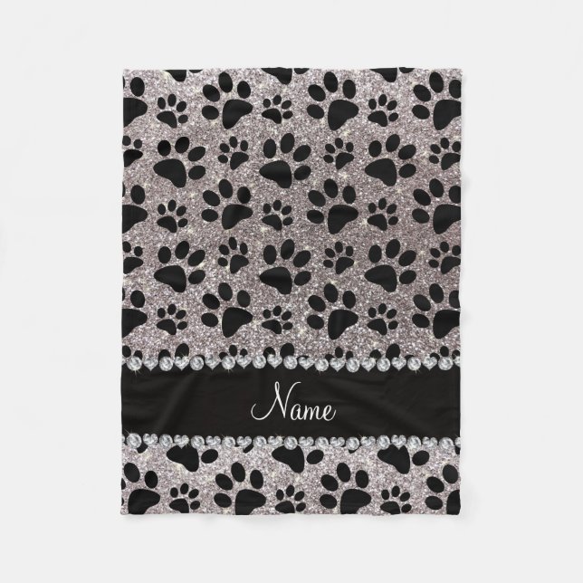 Custom name silver glitter black dog paws fleece blanket (Front)