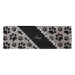 Custom name silver glitter black dog paws name tag