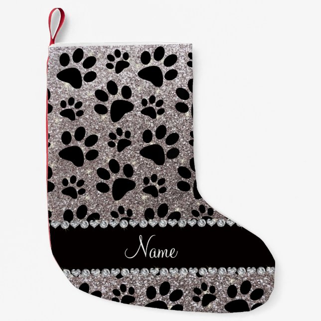Custom name silver glitter black dog paws small christmas stocking (Front)