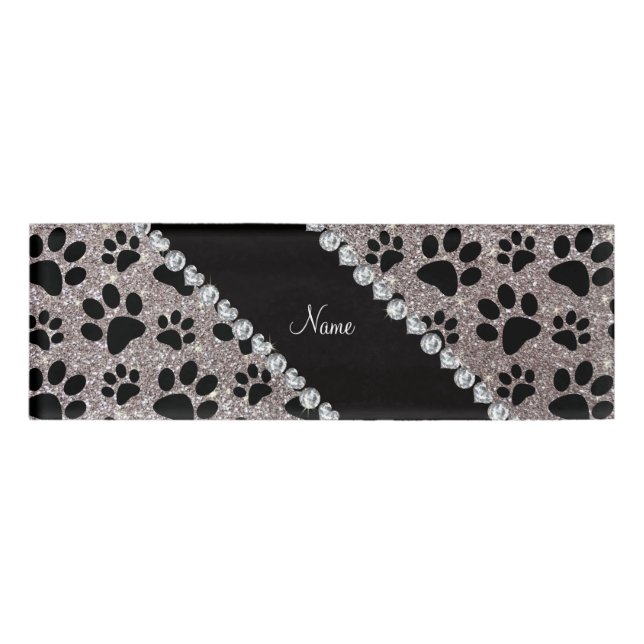 Custom name silver glitter black dog paws tag (Front)