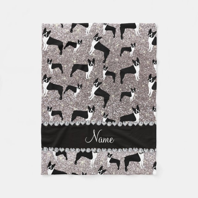 Custom name silver glitter boston terrier fleece blanket (Front)