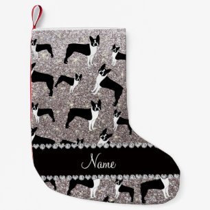 Custom name silver glitter boston terrier small christmas stocking
