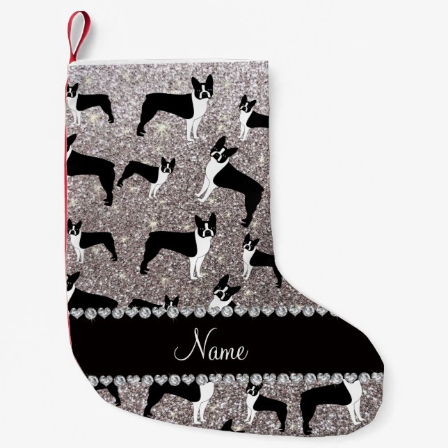 Custom name silver glitter boston terrier small christmas stocking (Front)