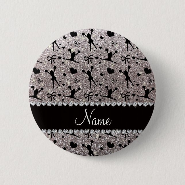 Custom name silver glitter cheerleading 6 cm round badge (Front)