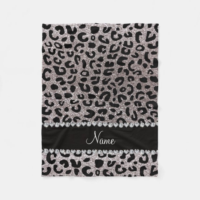 Custom name silver glitter cheetah print fleece blanket (Front)