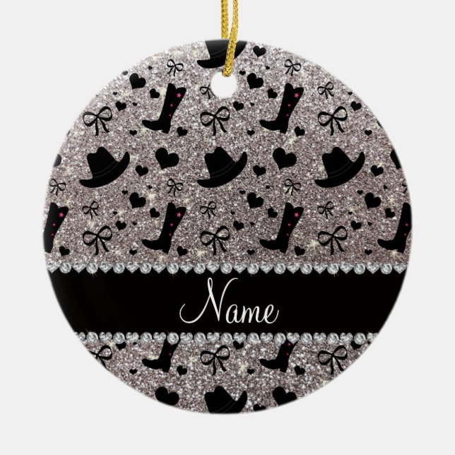 Custom name silver glitter cowboy boots hats ceramic ornament (Front)
