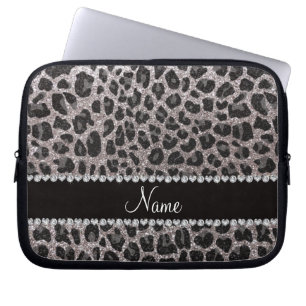 Custom name silver glitter leopard spots laptop sleeve