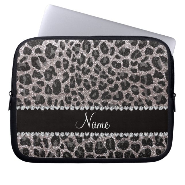 Custom name silver glitter leopard spots laptop sleeve (Front)