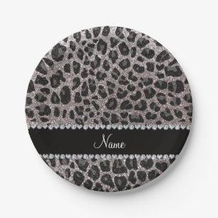 Custom name silver glitter leopard spots paper plate
