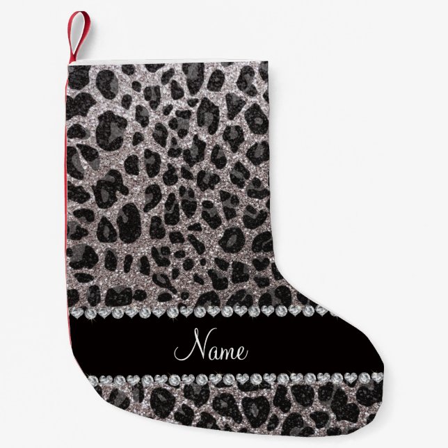 Custom name silver glitter leopard spots small christmas stocking (Front)