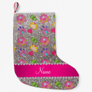 Custom name silver glitter princess frogs small christmas stocking