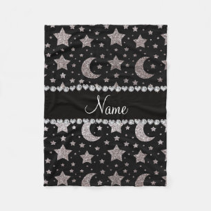 Custom name silver glitter stars and moons fleece blanket