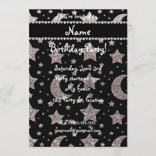 Custom name silver glitter stars and moons invitation