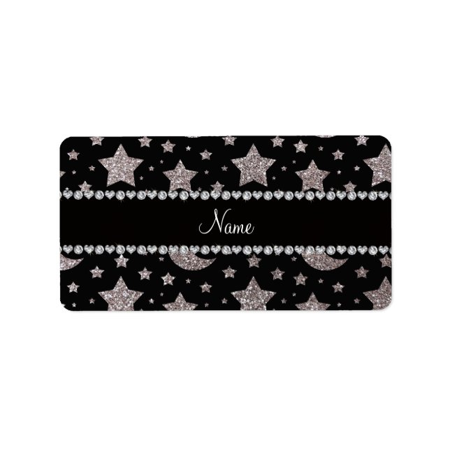 Custom name silver glitter stars and moons label (Front)