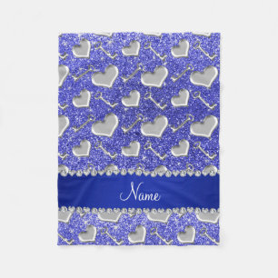Custom name silver hearts keys neon blue glitter fleece blanket