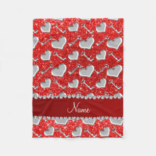 Custom name silver hearts keys neon red glitter fleece blanket