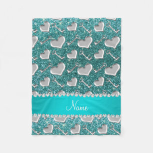 Custom name silver hearts keys turquoise glitter fleece blanket