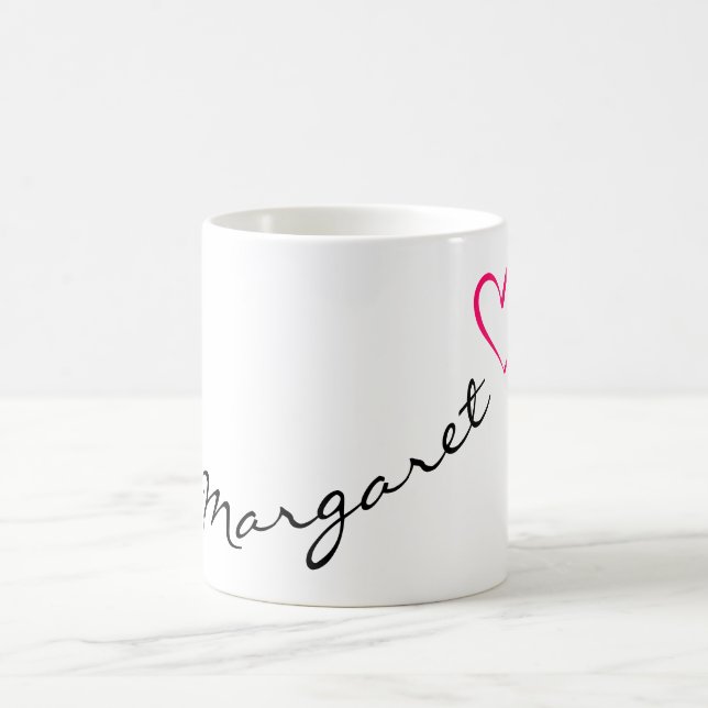 Custom Name Simple Calligraphy Pink Heart Margaret Coffee Mug (Center)