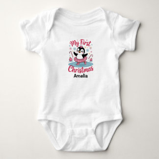 Custom Name Skating Penguin First Christmas Baby Bodysuit