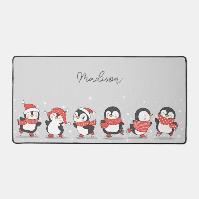 Custom Name Skating Penguins Desk Mat (Front)