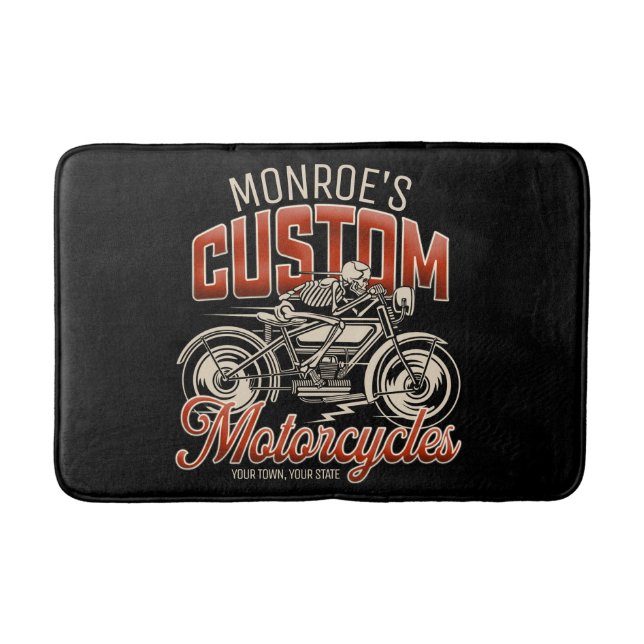 Custom NAME Skeleton Motorcycle Cycle Shop Bath Mat (Front)
