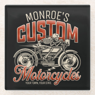 Custom NAME Skeleton Motorcycle Cycle Shop Glass Coaster
