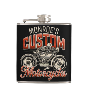 Custom NAME Skeleton Motorcycle Cycle Shop Hip Flask