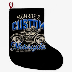Custom NAME Skeleton Motorcycle Cycle Shop Large Christmas Stocking
