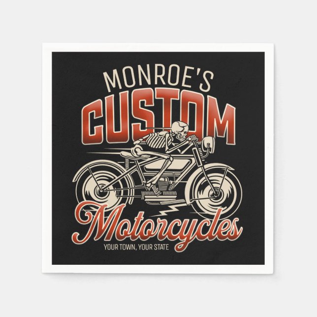 Custom NAME Skeleton Motorcycle Cycle Shop Napkin (Front)