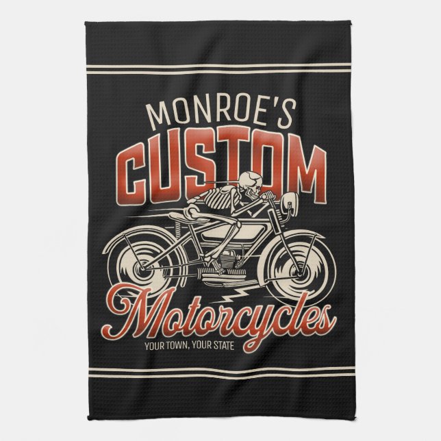 Custom NAME Skeleton Motorcycle Cycle Shop Tea Towel (Vertical)