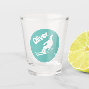 Custom Name Ski Retro Skier Winter Teal Shot Glass